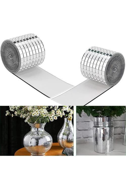 2 Rulo Gümüş Renk Aynalı Mozaik Taşlı Dekor Bant Yapışkanlı Kare Cam Ayna Taş Parti Süsleme Bandı