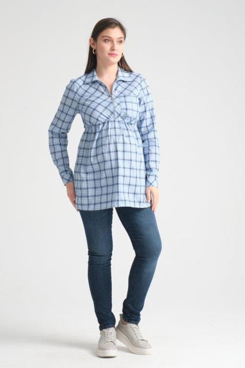 B0014-Fermuar Yaka Ekose Emzirmeli Hamile Gömlek