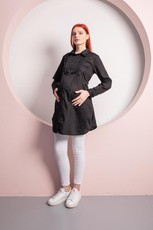 O7036-Nervürlü Yaka Hamile Pamuk Spor Gömlek-Tunik