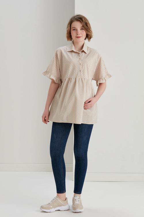 B074-Mini Kare Emzirme Detay Hamile Pamuk Gömlek