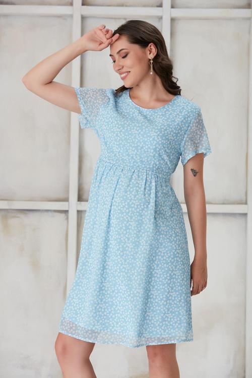 4516-Kalpli Desen Hamile Mini Şifon Elbise