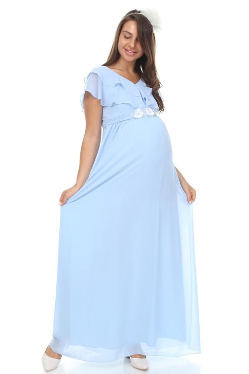 6019-Çift Pile Yaka İncili Kemer Maxi Hamile Şifon Elbise