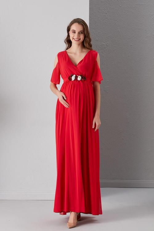 2919-Şakayık Kemer Baby Shower Şifon Elbise