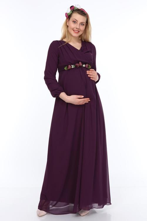 6002-Hamile Şakayık Kemer Uzun Kol Şifon Elbise