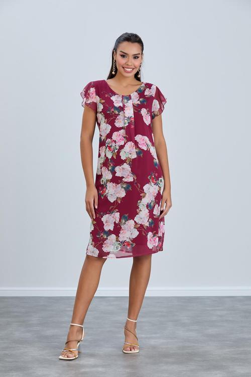 2251-Pile Yaka Bahar Çiçekli Desen Şifon Hamile Elbise