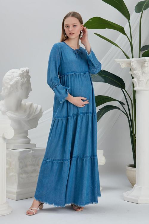 O7178-Katlı Etek Tiftizli Lyosell Hamile Maxi Elbise