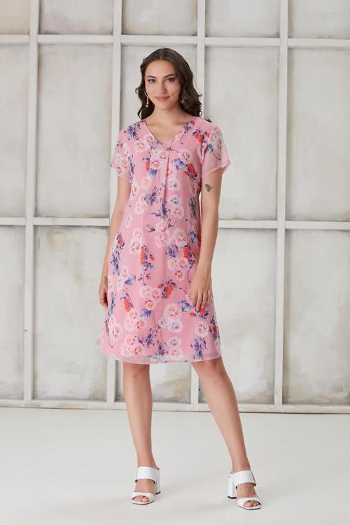 4487-Pile Yaka Beyaz Gül Kısa Kol Mini Hamile Elbise