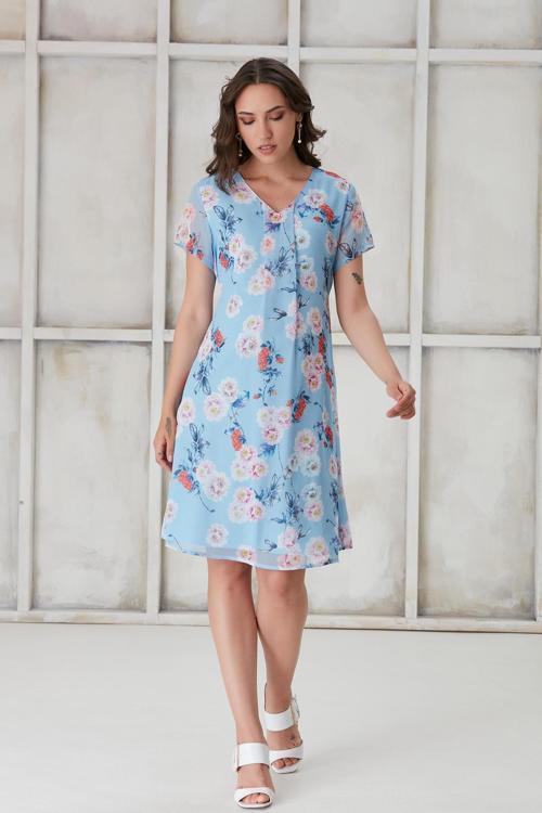 4487-Pile Yaka Beyaz Gül Kısa Kol Mini Hamile Elbise