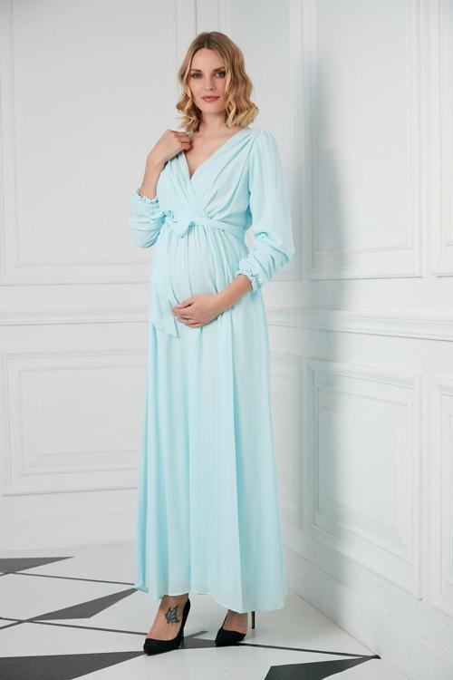 O7053-Kruvaze Şifon Kuşak Baby Shower Maxi Hamile Elbise