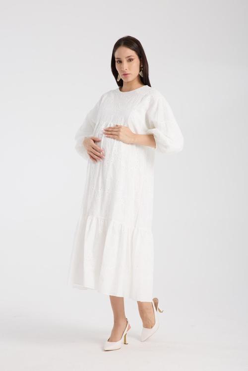 34910-Brode Nakış OverSize Hamile Giyim Elbise