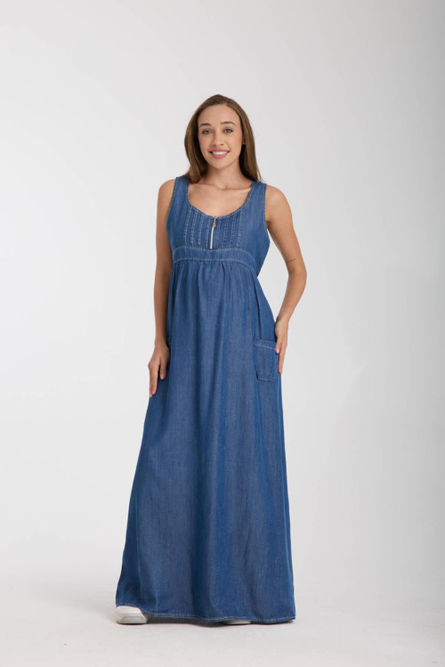 4561-Lyocell Emzirme Detaylı Hamile Maxi Elbise