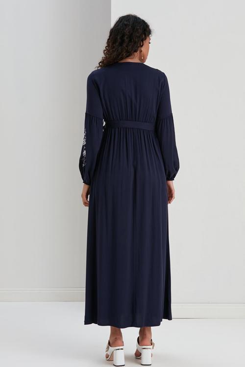 M051-Nakışlı Balon Kol Hamile Viskon Maxi Elbise