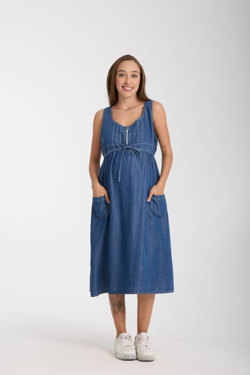 4562-Lyocell Emzirme Detaylı Hamile Midi Boy Elbise