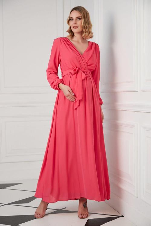 O7053-Kruvaze Şifon Kuşak Baby Shower Maxi Hamile Elbise