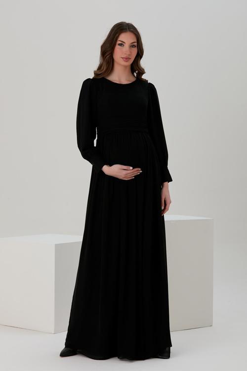 A036-Pliseli Kemer Hamile Şifon Abiye Elbise