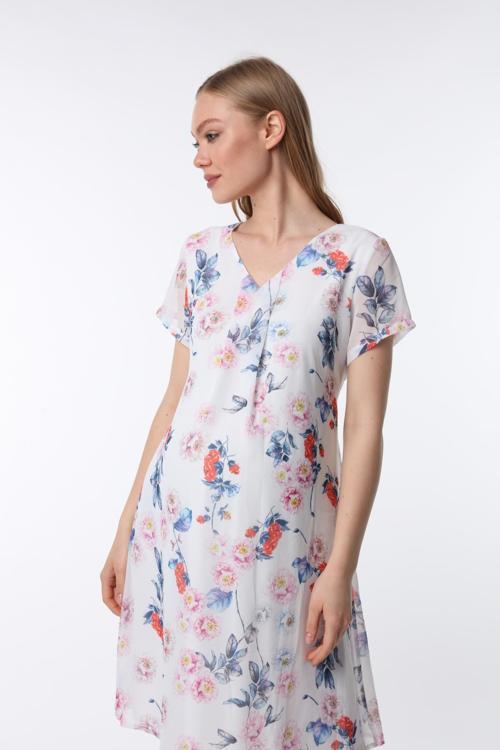 4487-Pile Yaka Beyaz Gül Kısa Kol Mini Hamile Elbise