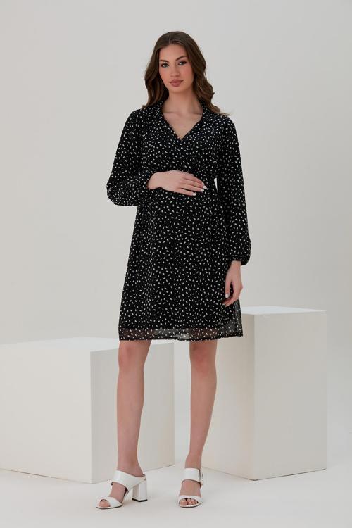 E118-Damla Desen Kruvaze Yaka Hamile Şifon Elbise