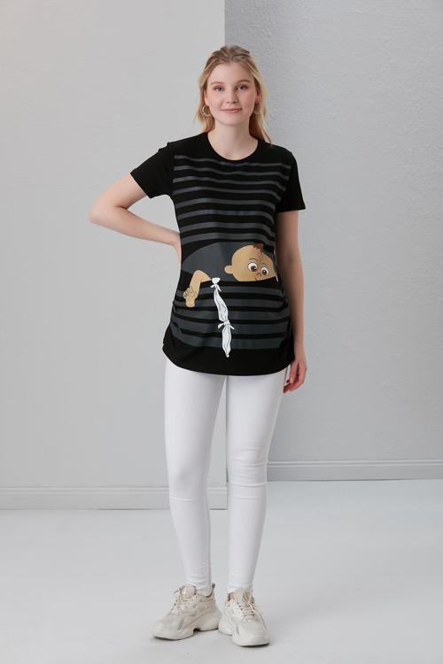 4505-Kurnaz Kaçış Viskon Hamile Kısa Kol T-Shirt