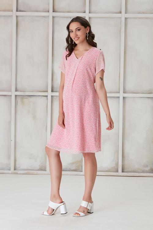 4521-Pileli V Yaka Kalp Desen Hamile Mini Şifon Elbise