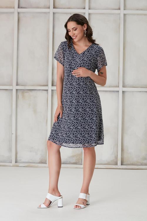 4521-Pileli V Yaka Kalp Desen Hamile Mini Şifon Elbise