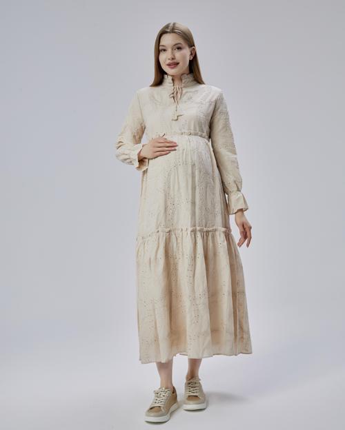 34915-Brode Güpürlü Hamile Midi Boy Elbise