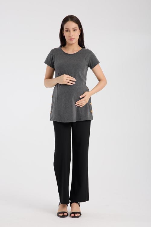 O7158-Yan Düğmeli Emzirme Detay Hamile T-Shirt