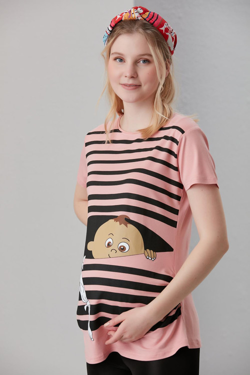 4505-Kurnaz Kaçış Viskon Hamile Kısa Kol T-Shirt