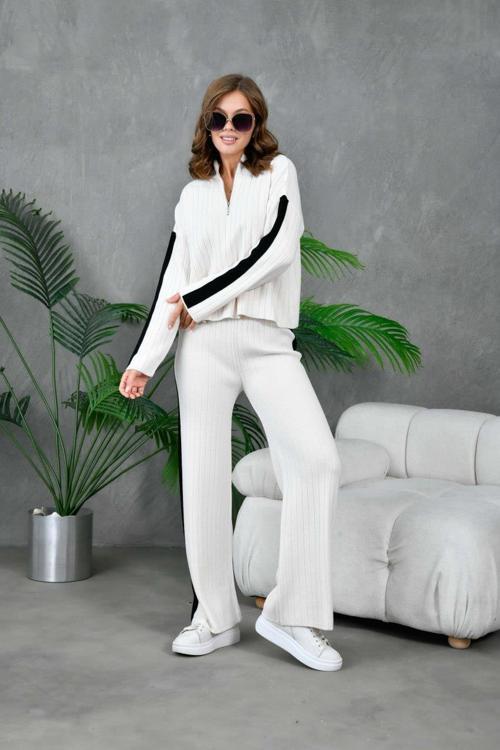 10858-Fermuarlı Yaka OverSize Pantolonlu Triko Takım