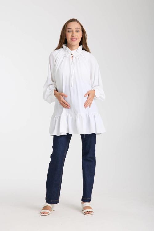 50837-Fırfırlı Yaka Katlı Etek OwerSize Hamile Bluz-Tunik