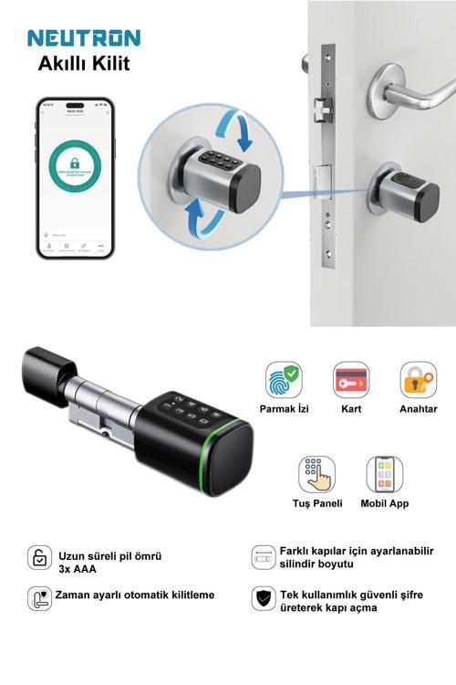 NTL-SC-02FKPB Parmak izi, Anahtarlı, Tuşlu, Kartlı ve Uzaktan Kontrollü Akıllı Kapı Kilidi Siyah