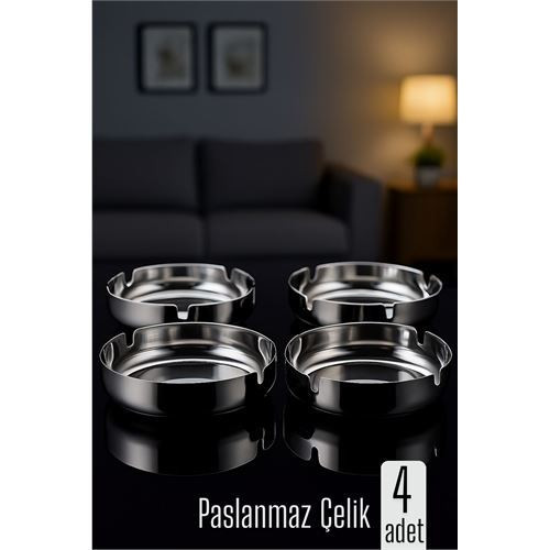 Paslanmaz Yuvarlak Küllük - Metal Kül Tablası - Masaüstü Küllük 4 LÜ