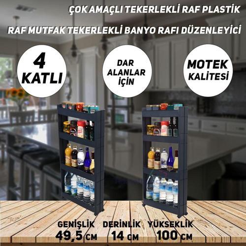 Technow Motek SR-04 Tekerlekli Plastik,Mutfak,Banyo Rafı 4 Katlı Organizer Antrasit