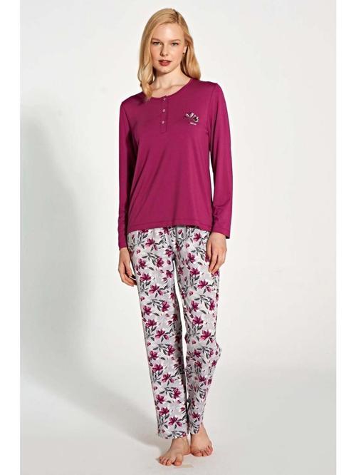 1776 Büyük Beden Kadın Uzun Kollu Düğmeli Desenli Rahat Pijama Takım