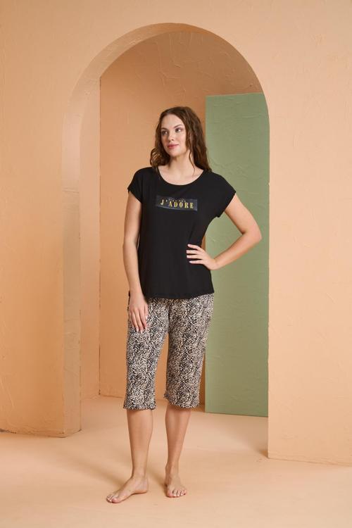 Pjs Kadın Leopar Desenli Yuvarlak Yaka Kısa Kollu Rahat Kapri Pijama Takım