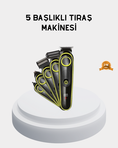 5’i 1 Arada Şarjlı Tıraş Makinesi – Paslanmaz Çelik Başlıklı, Yüz ve Vücut Bakım Cihazı