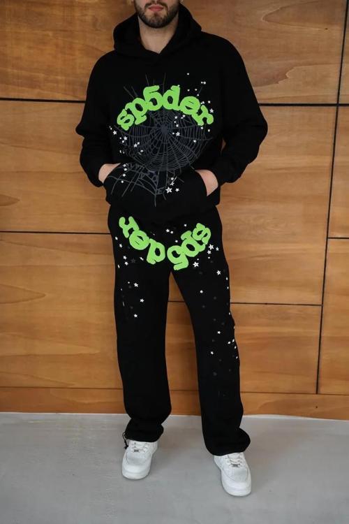 Erkek Kapüşonlu Eşofman Takım Örümcek Ağı ve Neon Yeşil Baskılı Kanguru cepli Oversize Rahat Kalıp, 