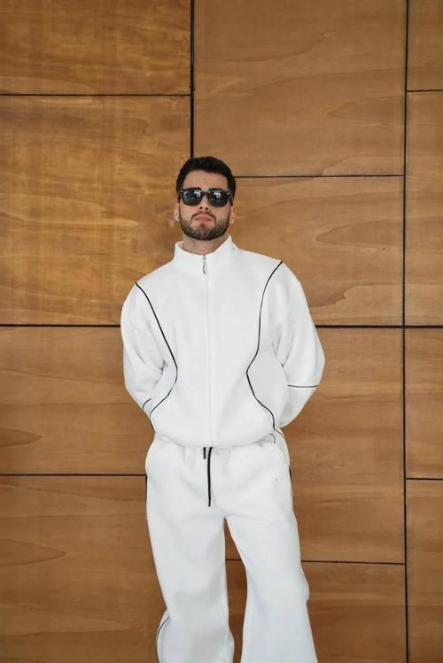 Erkek Premium Parçalı Eşofman Takım - Dik Yaka Fermuarlı Biyeli Sweatshirt Lastik Paça Alt, Oversize