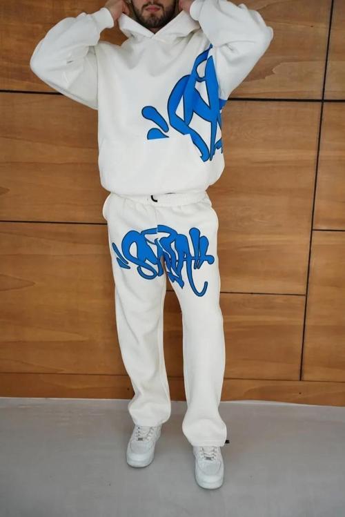 Erkek Kapüşonlu Eşofman Takım Graffiti Baskılı  Oversize Rahat Kalıp, Kanguru Cepli, Streetwear Tarz