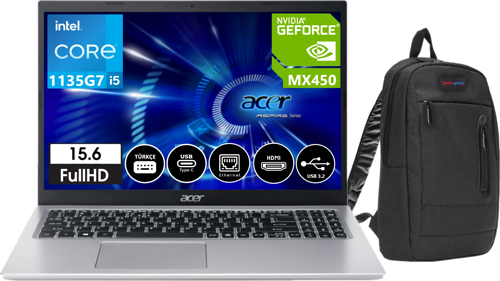 Aspire 5 A515-56G Intel Core I5 1135G7 8 GB 256GB SSD MX450-2GB 15.6" Dos FHD NXAT2EY00101+ Çanta