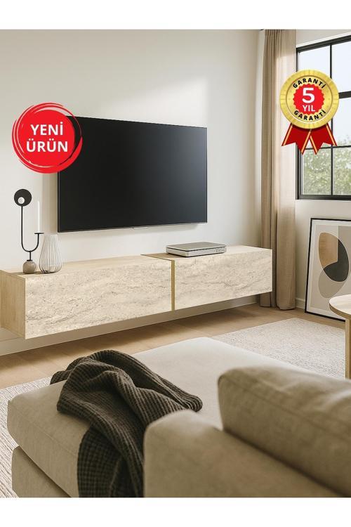 Modern Espanse Tv Ünitesi Traverten 180 cm , Modern ve Kolay Kurulum, Gold Detaylı