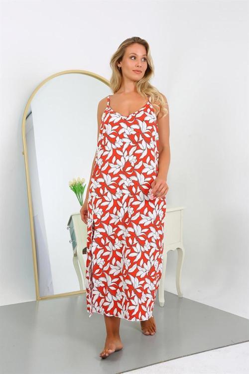 Kadın Büyük Beden İp Askılı Pamuklu Uzun Gecelik NS12105