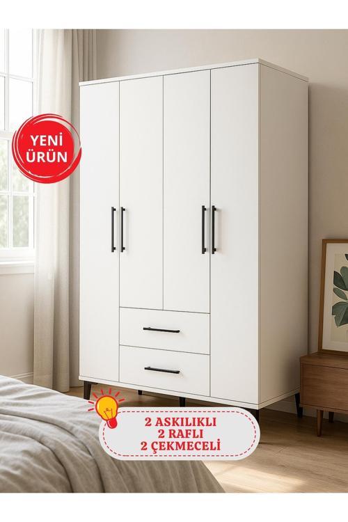 Nuna 4 Kapaklı 2 Çekmeceli Gardırop – 120 cm Genişlik Beyaz Elbise Dolabı