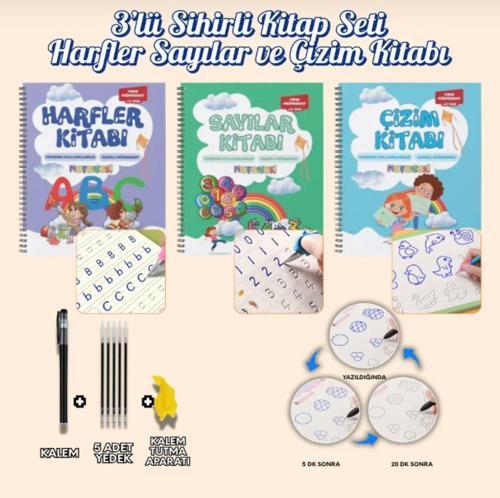 Motossori  Yeni MÜfredata Uygun Harfleri/ Sayıları ve Çizmeyi Öğreten Kabartmalı 3'lü Kitap Büyük Boy