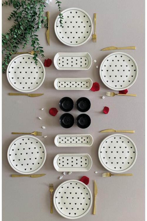 Siyah Kalp Desen 6 Kişilik 14 Parça Sosluklu Kahvaltı Takımı