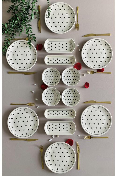 Siyah Kalp Desen 6 Kişilik 14 Parça Kahvaltı Takımı