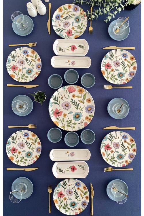 Flora model 6 kişilik 23 parça çay tabaklı kahvaltı takımı (gri)