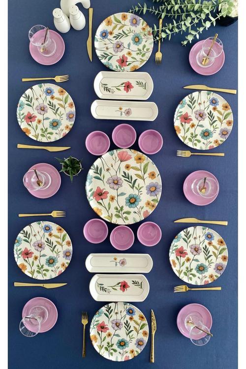 Flora model 6 kişilik 23 parça çay tabaklı kahvaltı takımı (mor)