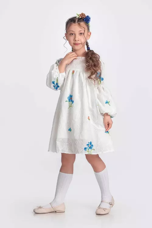 Çiçek Nakışlı Elbise Balon Kollu