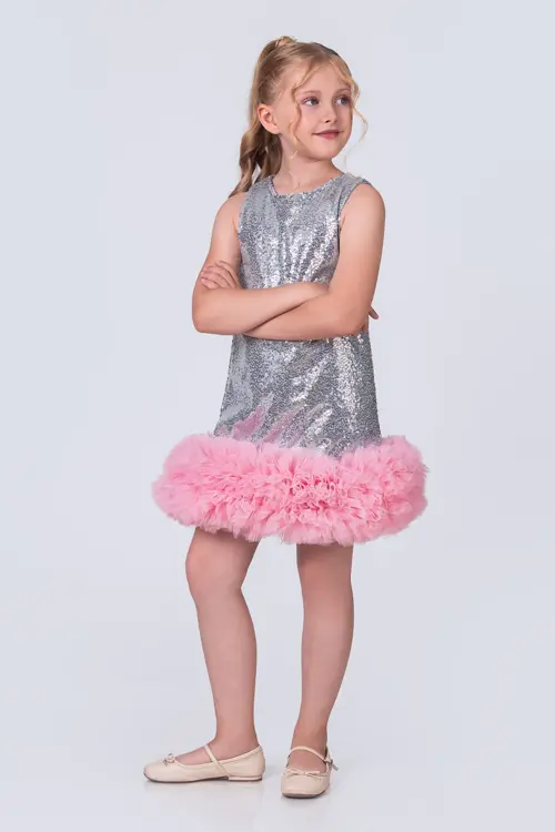 Pullu ve Tüllü Şık Kız Çocuk Elbise 