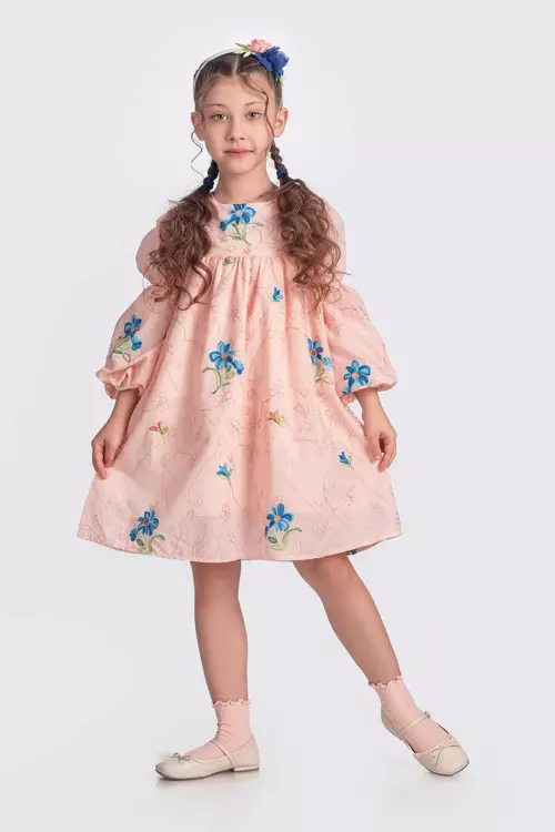 Çiçek Nakışlı Elbise Balon Kollu